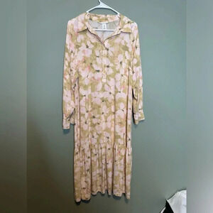 H&M WOMENS SIZE MEDIUM PINK LONG SLEEVE FLORAL SHIRT DRESS PEASANT‎ ANKLE